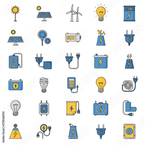 A collection of vector icons representing various sources of energy, including solar, wind, nuclear, and electric power.