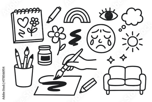 Expressive Art Tools. Hand-drawn doodle illustration Expressive art creation sketchpad, markers, paint jar, brush stroke, rainbow, expressive eyes, crying