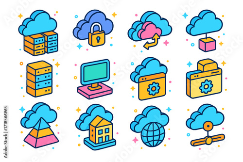 Cloud Network Icons. Colorful isometric vector icons set of cloud network architecture: public cloud, private cloud, hybrid cloud, cloud node, server cluster,