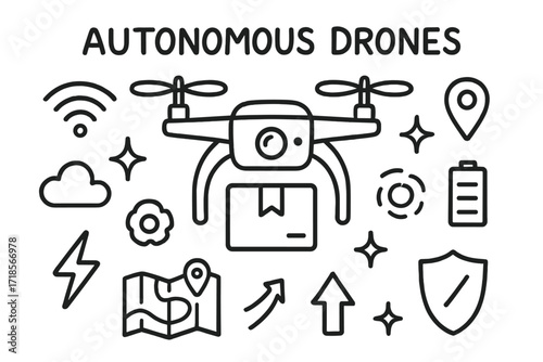 Autonomous Drone Icons. Hand-drawn doodle illustration Autonomous drones [drone, propeller, camera, cloud, wifi symbol, battery, gps pin, sparkle, star, gear,