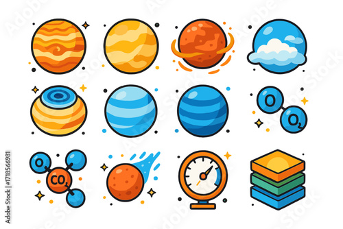 Planetary Atmospheres Icons. Colorful isometric vector icons set of planetary atmospheres: storm on Jupiter, thick Venus clouds, Mars dust storm, Earth?s blue