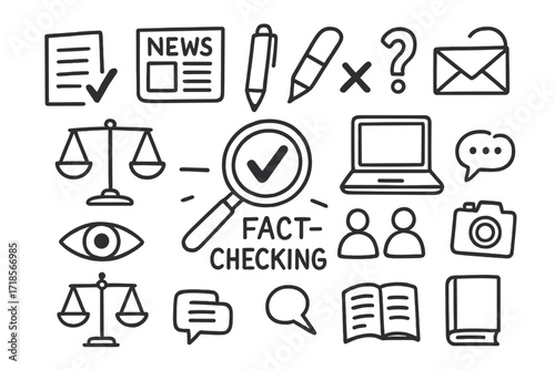 Fact-Checking Icons Doodle. Hand-drawn doodle illustration Fact-checking magnifying glass, checkmark, crossmark, document, newspaper, pen, laptop, eye symbol,