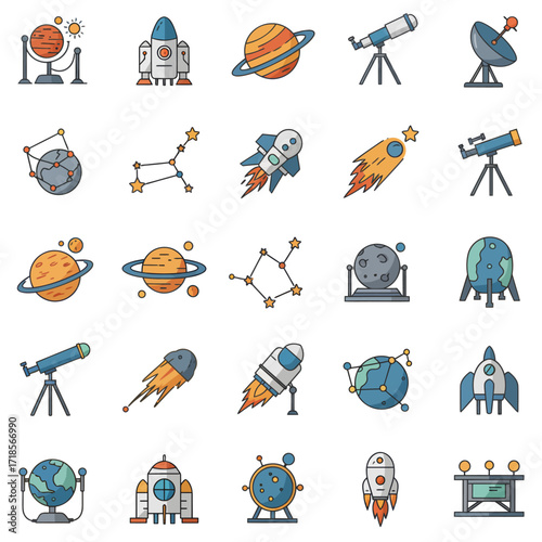 Colorful icons depicting space exploration, celestial bodies, and astronomical tools.
