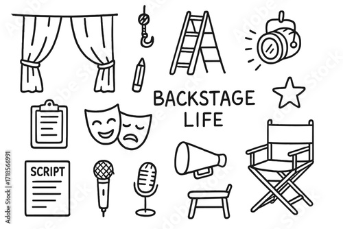Backstage Icons Doodle. Hand-drawn doodle illustration Backstage life stage curtain, rope, pulley, ladder, spotlight, chair, clipboard, pencil, mask comedy,