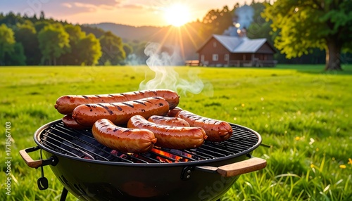 Fototapeta Naklejka Na Ścianę i Meble -  Grilled sausages on a summer evening