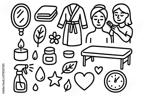 Spa Wellness Doodle. Hand-drawn doodle illustration spa and wellness mirror spa mirror, towel, robe, client figure, stylist, candle, leaf, flower, cosmetic