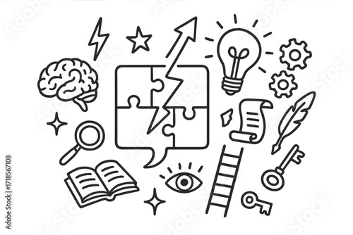 Mental Breakthrough Doodles. Hand-drawn doodle illustration Mental breakthrough cracked puzzle, light bulb, brain, arrow, gears, lightning bolt, star, scroll,