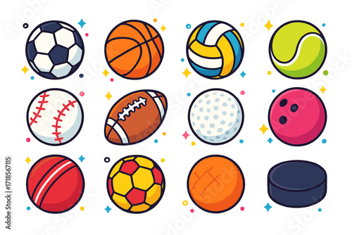 Colorful Sports Ball Icons. Colorful isometric vector icons set of sports balls: soccer ball, basketball, volleyball, tennis ball, baseball, rugby ball, golf