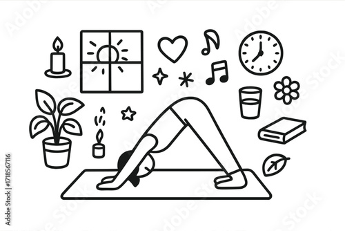 Indoor Yoga Doodle. Hand-drawn doodle illustration indoor yoga practice yoga mat, person in downward dog, window, houseplant, candle, book, water glass, clock,