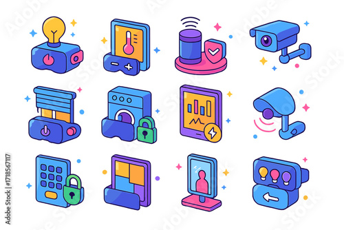 Colorful Smart Home Icons. Colorful isometric vector icons set of VR Smart Home Prototyping: smart light control, thermostat panel, voice assistant hub,