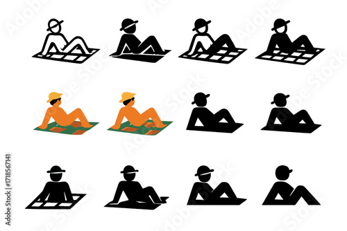 Outdoor Lounging Logos. Set Logo of outdoor lounging: person relaxing on picnic blanket. Logo set in vector style, emblematic variations. line, bold thick
