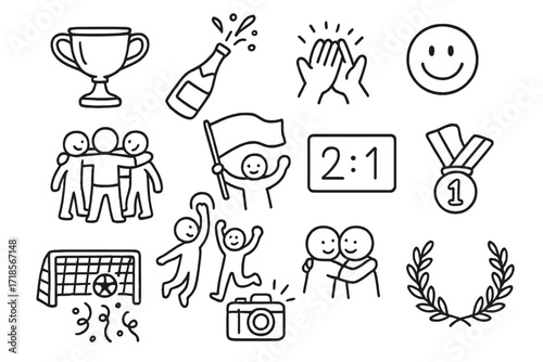 Team Celebration Doodle. Hand-drawn doodle illustration [Team celebration moments] [trophy, champagne pop, high five, smile face, team huddle, flag wave,