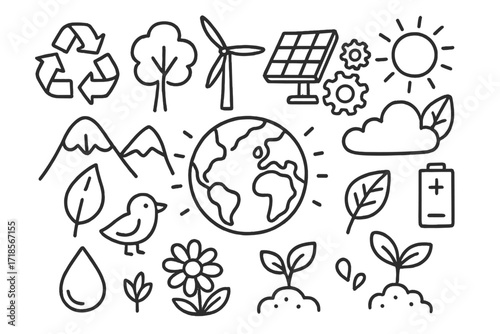Eco Sustainability Doodles. Hand-drawn doodle illustration future of ecosystem sustainability earth, recycling symbol, tree, wind turbine, solar panel, gears,