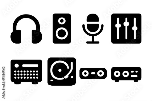 Audio Device Icons. Solid, filled icon set of audio devices: headphones, speaker, microphone, audio mixer, amplifier, turntable, soundbar, audio interface.
