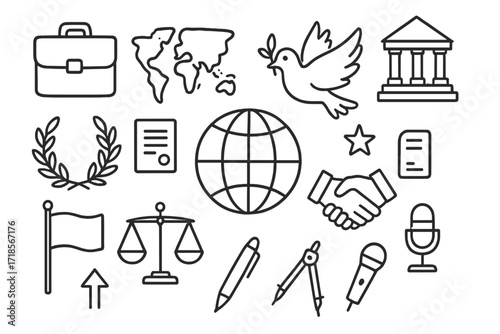 Global Diplomacy Icons. Hand-drawn doodle illustration global diplomacy globe, handshake, map, laurel wreath, briefcase, document, dove, star, building,