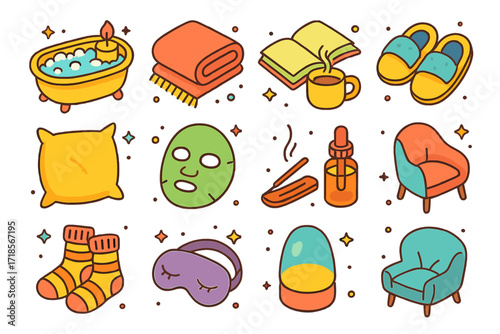 Cozy Home Relaxation Icons. Colorful isometric vector icons set of holiday relaxation at home: candlelight bath, soft blanket, book with tea, slippers, cozy