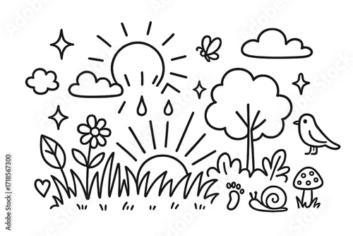 Sunrise Meadow Doodle. Hand-drawn doodle illustration Dewy meadow at sunrise [grass patch, flower, droplet, sun rays, tree, bird, butterfly, cloud, star,