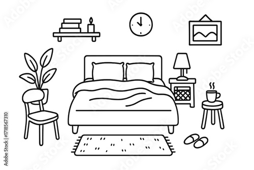 Minimalist Bedroom Doodles. Hand-drawn doodle illustration Minimalist Bedroom [bed, pillow, blanket, lamp, chair, plant, clock, shelf, picture frame, candle,