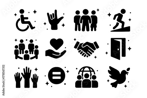 Inclusion Icons Grid. Inclusion. Solid icons set of wheelchair symbol, sign language hand, diverse people, accessible ramp, inclusive circle, support heart,