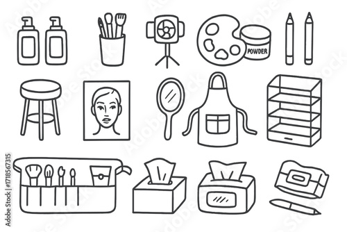 Makeup Artist Essentials. Hand-drawn doodle illustration makeup artist workspace foundation bottles, brush holder, spotlight, mixing palette, setting powder,