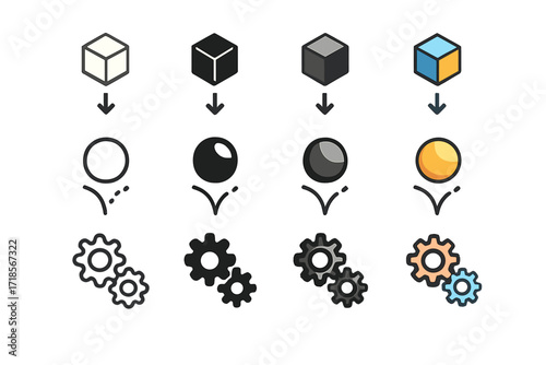 Game Physics Icon Set. Icon Set of Game physics: gravity icon, bouncing ball, gears. Icons set in vector style, emblematic variations. Gravity icon line,