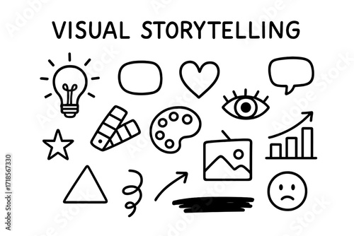 Creative Icon Doodles. Hand-drawn doodle illustration Visual storytelling with color light bulb, speech bubble, heart, eye, palette, swatch book, star, line