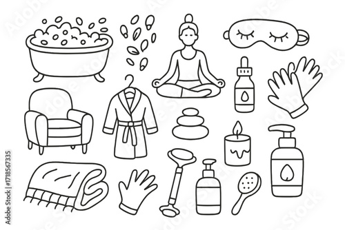 Self-Care Doodle Icons. Hand-drawn doodle illustration [Self-care and relaxation rituals] [bubble bath, flower petals, skin care serum, yoga pose, comfy chair,