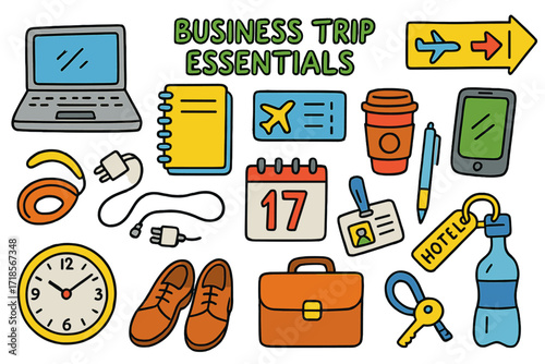 Business Trip Essentials. Colorful Hand-drawn doodle Children illustration Business Trip Essentials laptop, notebook, plane ticket, coffee, charger, briefcase,