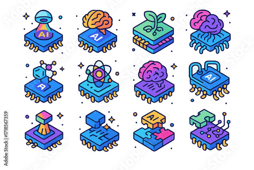 Colorful AI Chip Icons. Colorful isometric vector icons set of Future AI Chip Innovations: optical AI chip, neuromorphic processor, bio-AI hybrid chip, 3D