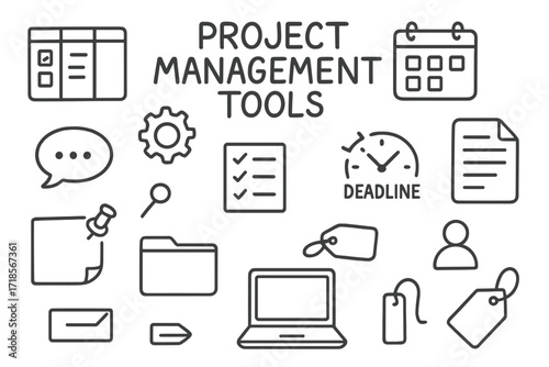 Project Management Icons. Hand-drawn doodle illustration [Project management tools] [kanban board, task list, calendar, chat bubble, gear, checklist, deadline