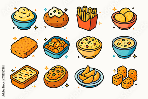 Isometric Potato Dishes. Colorful isometric vector icons set of Potato dishes: mashed potatoes, baked potato, French fries, potato chips, hash browns, roasted