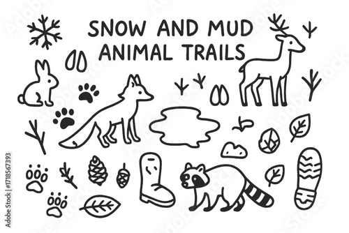 Animal Tracks Doodle. Hand-drawn doodle illustration Snow and mud animal trails, paw prints, hoof prints, bird tracks, snowflake, mud puddle, fox, deer,