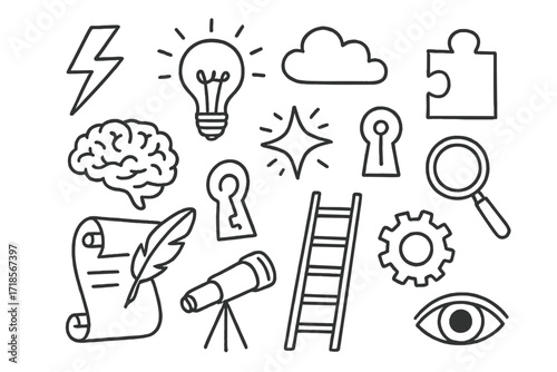 Insightful Symbols Collage. Hand-drawn doodle illustration Flash of insight lightning bolt, light bulb, cloud, star, spark, brain, keyhole, puzzle, magnifying