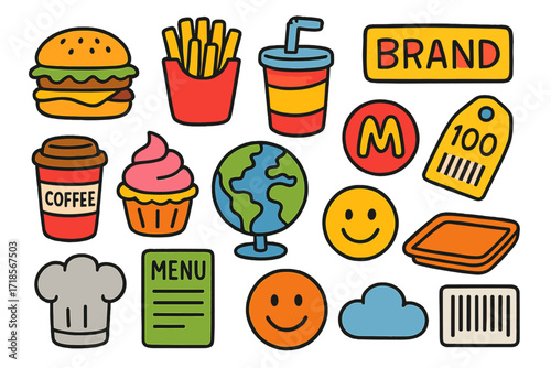 Global Food Doodle. Colorful Hand-drawn doodle Children illustration Global Food and Beverage Brands burger, fries, soda cup, coffee, cupcake, straw, tray,