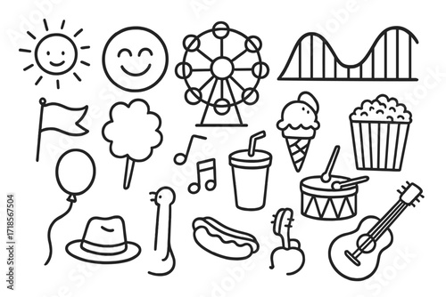 Fun Carnival Doodles. Hand-drawn doodle illustration summer carnival fun smiling face, Ferris wheel, roller coaster, popcorn box, cotton candy, ice cream cone,