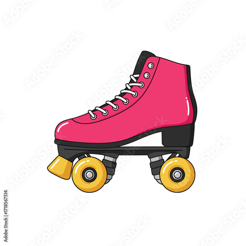A classic retro-style quad roller skate with a bright pink boot, yellow wheels, and white laces isolated on a white background.