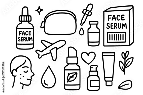 Travel Skincare Essentials. Hand-drawn doodle illustration Travel-size face serum mini bottle, travel pouch, box, dropper, airplane icon, sparkles, skin icon,