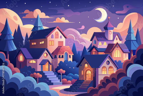 Enchanting twilight village landscape with whimsical houses under a dreamy moonlit sky, perfect for storybooks or magical illustrations, evoking tranquility