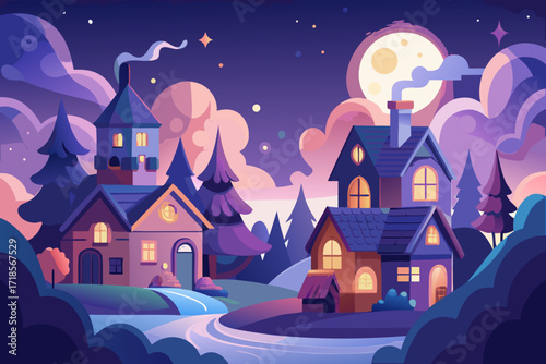 Whimsical village bathed in moonlight, charming cottages and cozy warmth create a magical fairy tale atmosphere, perfect for children's books and story telling