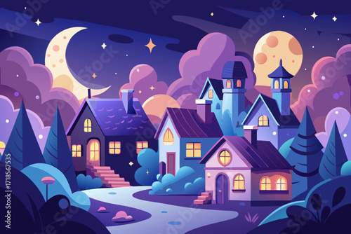 Enchanting village illustration under a dreamy moonlit sky, perfect for children's books, holiday cards, and whimsical designs, evoking peace and imagination