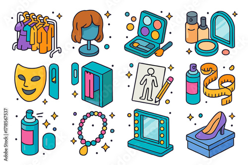 Costume & Makeup Icons. Colorful isometric vector icons set of Costume and makeup department: clothes rack with outfits, wig on stand, makeup