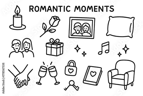 Romantic Icons Doodle. Hand-drawn doodle illustration Romantic Moments candle, rose, photo frame, soft pillow, gift box, couple icon, music note, wine glasses,