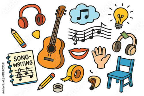 Creative Songwriting Doodles. Colorful Hand-drawn doodle Children illustration Guitar Songwriting notebook, pencil, guitar, melody line, cloud bubble, music