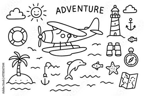 Seaplane Adventure Doodle. Hand-drawn doodle illustration seaplane adventure seaplane, waves, sun, clouds, lighthouse, anchor, fish, dolphin, island, palm