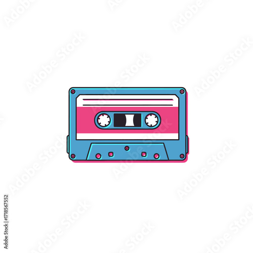 Retro cassette tape illustration, vibrant pink and blue, minimalist design.