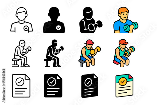 Fitness Icon Collection. Icon Set of Personal training: fitness coach figure, client exercising, training plan sheet. Icons set in vector style, emblematic
