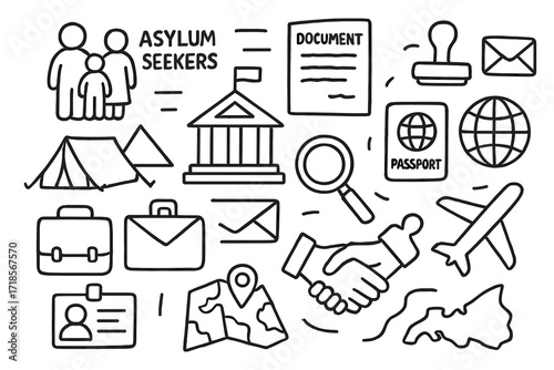 Immigration Essentials Doodle Icons. Hand-drawn doodle illustration Asylum seekers and paperwork, documents, passport, suitcase, tent, government building,