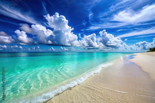 Serene Coastal Paradise Azure Waters Meet Pristine Sands Under a Sky of Majestic Clouds