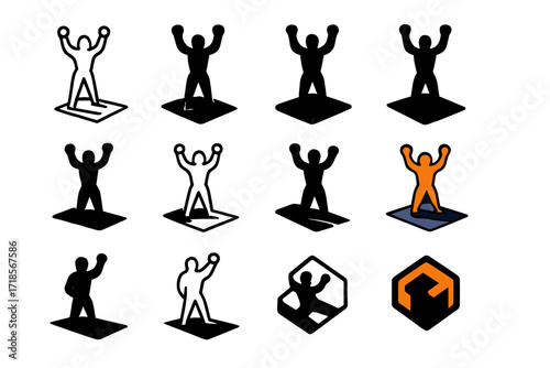 Fighter Shadow Logos. Set Logo of Fighter Victory: fighter's shadow on canvas. Logo set in vector style, emblematic variations. line, bold thick line, solid