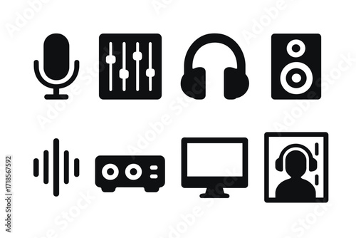 Recording Gear Icons. Solid, filled icon set of recording equipment: microphone, audio mixer, headphones, studio monitor, sound wave, audio